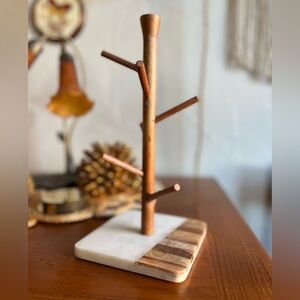 12” Wood & Marble Mug Tree Stand Boho Coffee Cup Holder, Rustic Modern Mug Rack